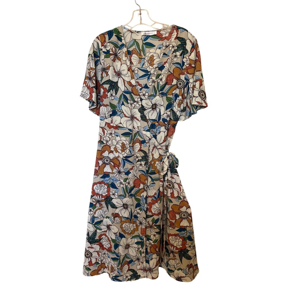 Cupshe Women Wrap Dress Medium Beige Floral Flutter Sleeve Midi Tie Waist EUC!